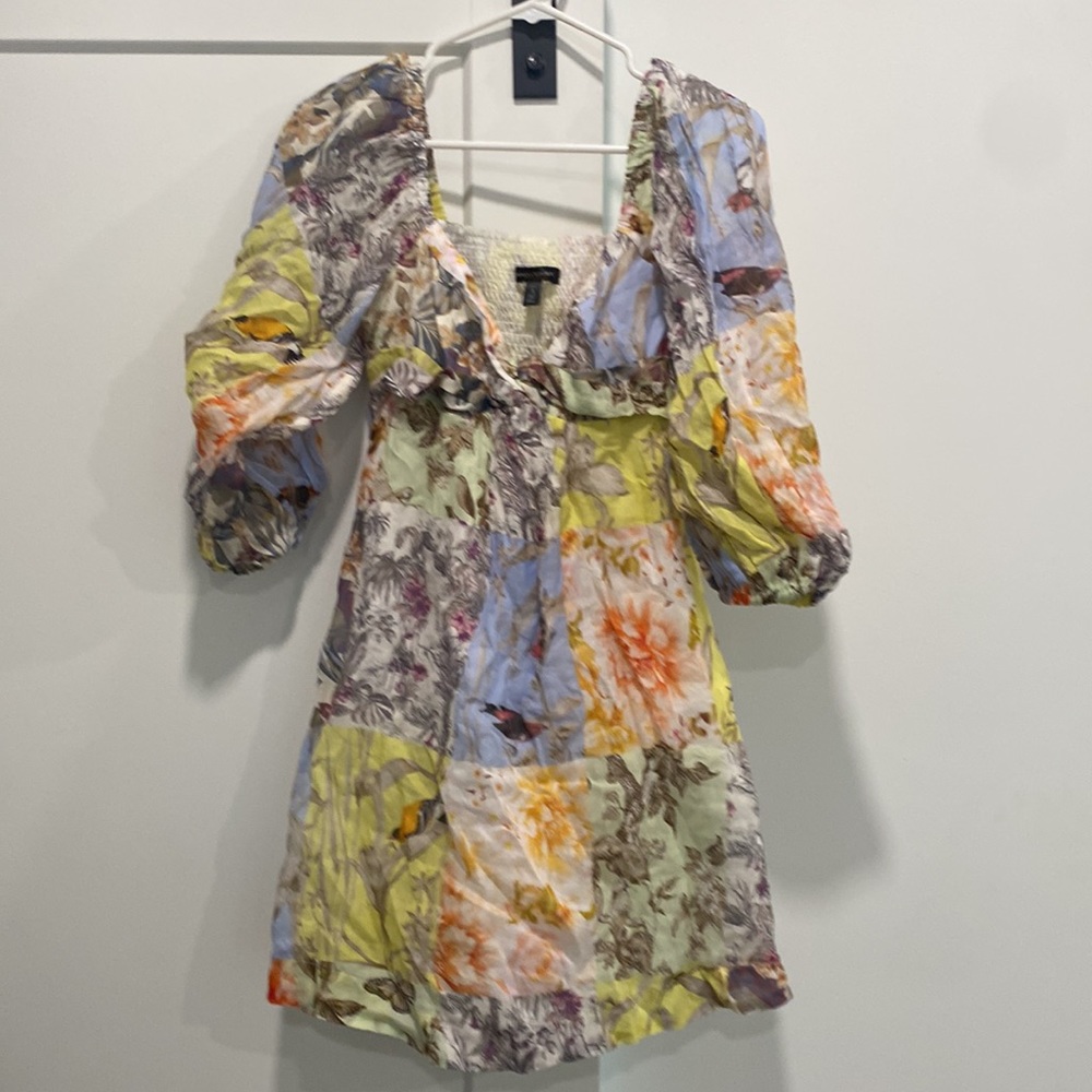 Banana Republic Ramie Twist Dress in Patchwork Blue small petite s p long sleeve - Picture 2 of 11